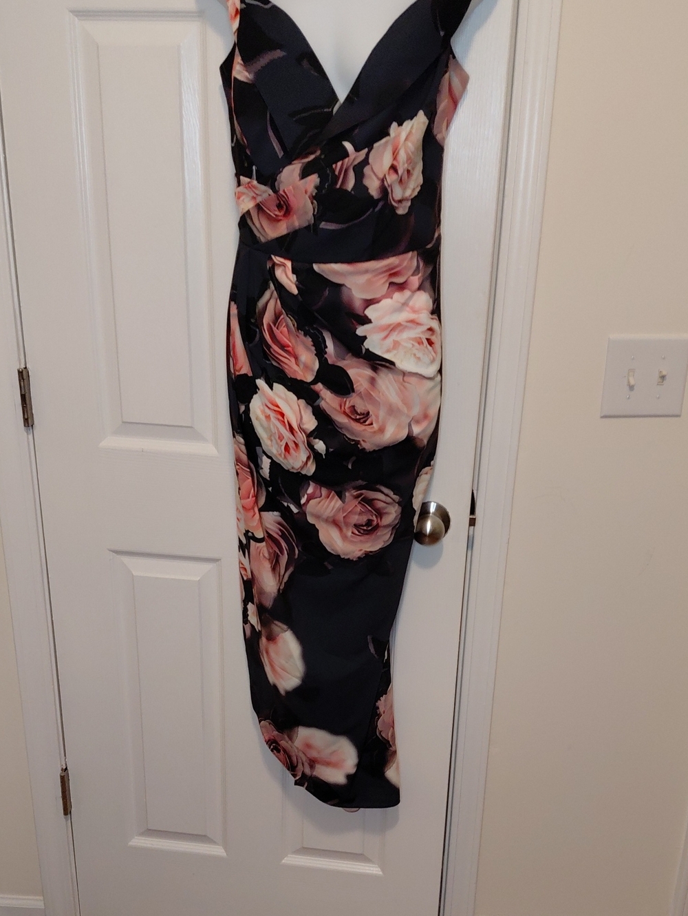 City Chic Black Midi Dress with Blush Rose Print